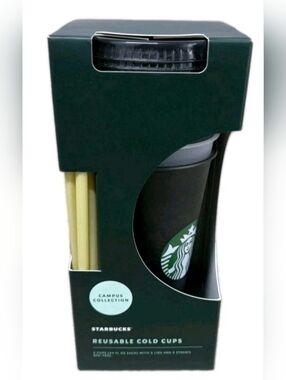 Starbucks Campus Collection Green 5 Cups with Yellow Straws 24 Fl Oz Each